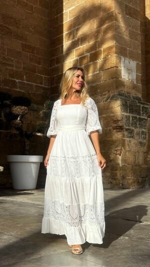 Vestido Blanco Mangas Caladas