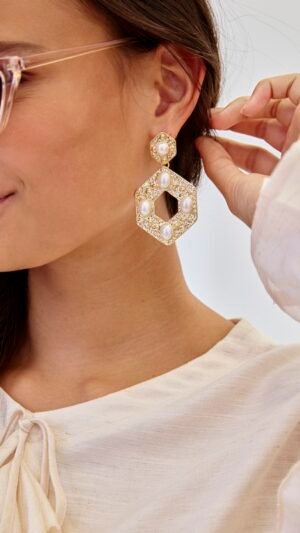Pendientes Hexagono Perlas