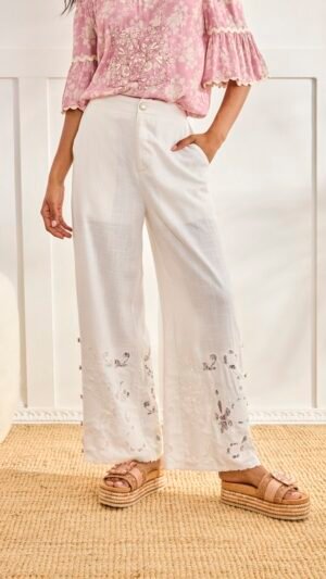 Pantalon Ancho Blanco Bordado