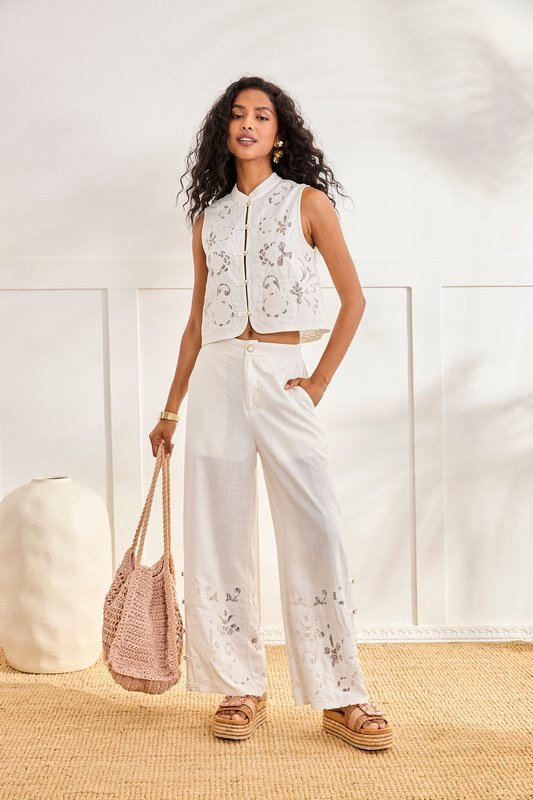 Pantalon Ancho Blanco Bordado - Imagen 4