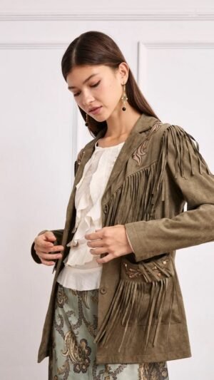 Chaqueta Antelina Con Flecos y Apliques