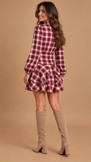 Vestido Corto De Cuadros Vino
